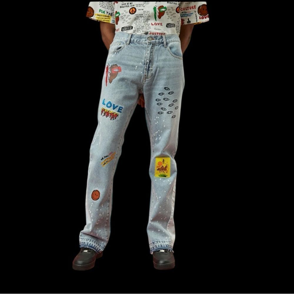 Forever 21 Men's Blue Artwork Embroidery Flare leg Whiskering 5 pockets 30/31